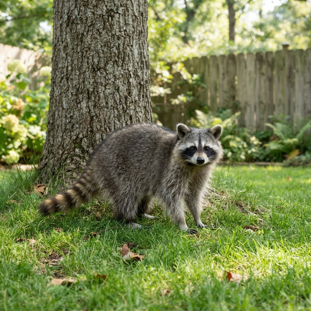 A calm raccoon by a tree before the incident